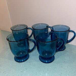 Anchor Hocking Vintage Glass Mugs Blue Set Of 5 MCM Collectible